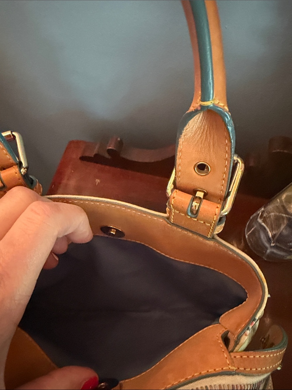 Dooney & Bourke Cream Multicolor Logo Tote with Tan Trim - Picture 4 of 7